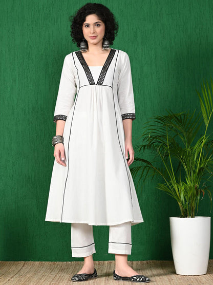 Square Neck Mirror Work Pure Cotton A-Line Kurta With Trouser
