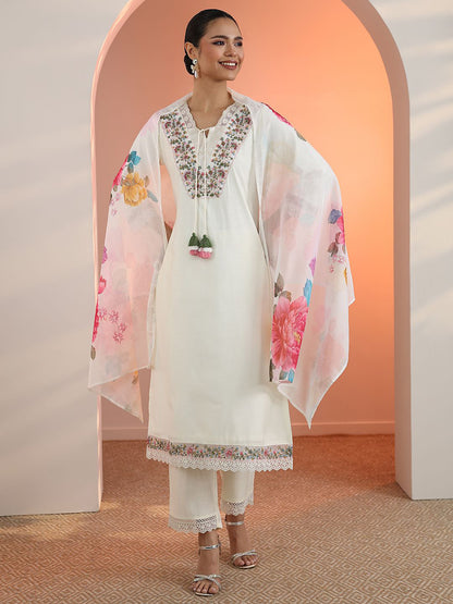 Floral Embroidered V-Neck Thread Work Straight Kurta With Trousers & Dupatta