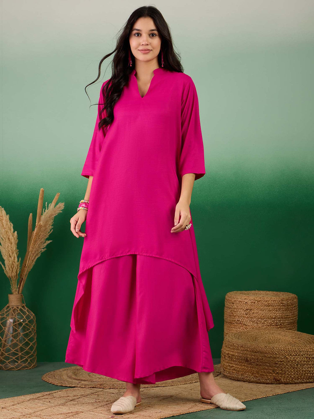 Fuchsia Mandarin Collar A-Line Kurta With Palazzo