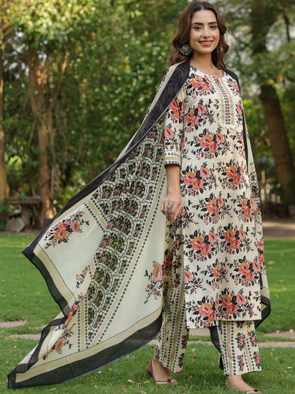 Dhiyona RR Women's Floral Printed Regular Pure Cotton Kurta with Trousers & With Dupatta