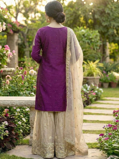 Dhiyona KL Women Ethnic Motifs Embroidered Regular Thread Work Kurta with Sharara & With Dupatta
