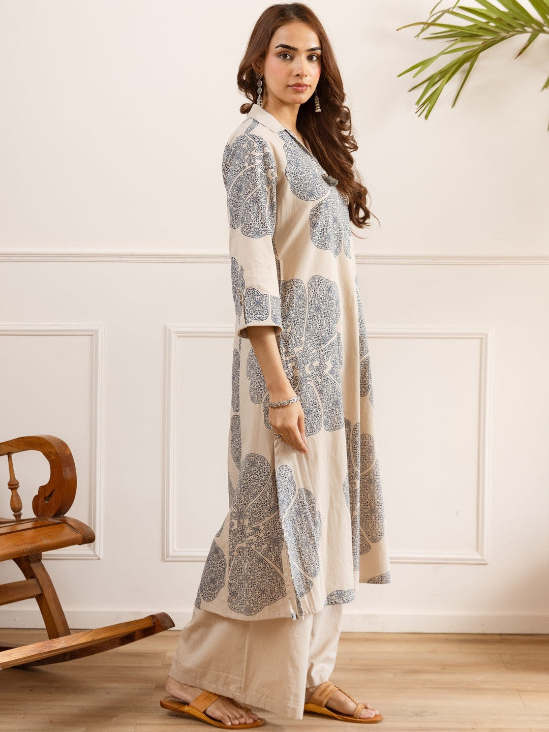 Printed Shirt Collar Kurta & Palazzos Kurta Set