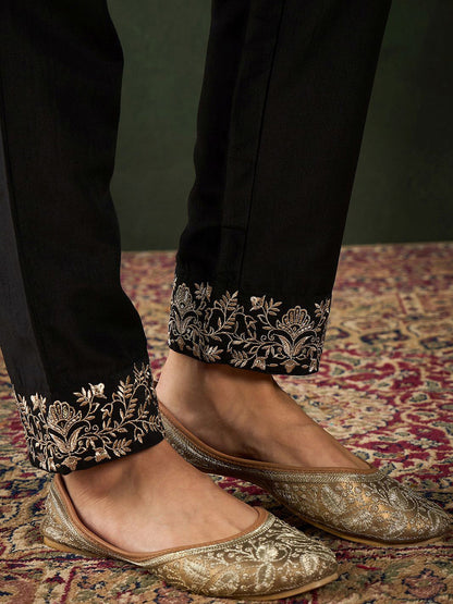 Black Floral Embroidered Round Neck Zari A-Line Kurta With Trouser & Dupatta