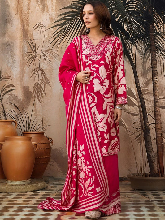 Dhiyona SN Women Floral Printed Regular Sequinned Kurta with Palazzos & Dupatta