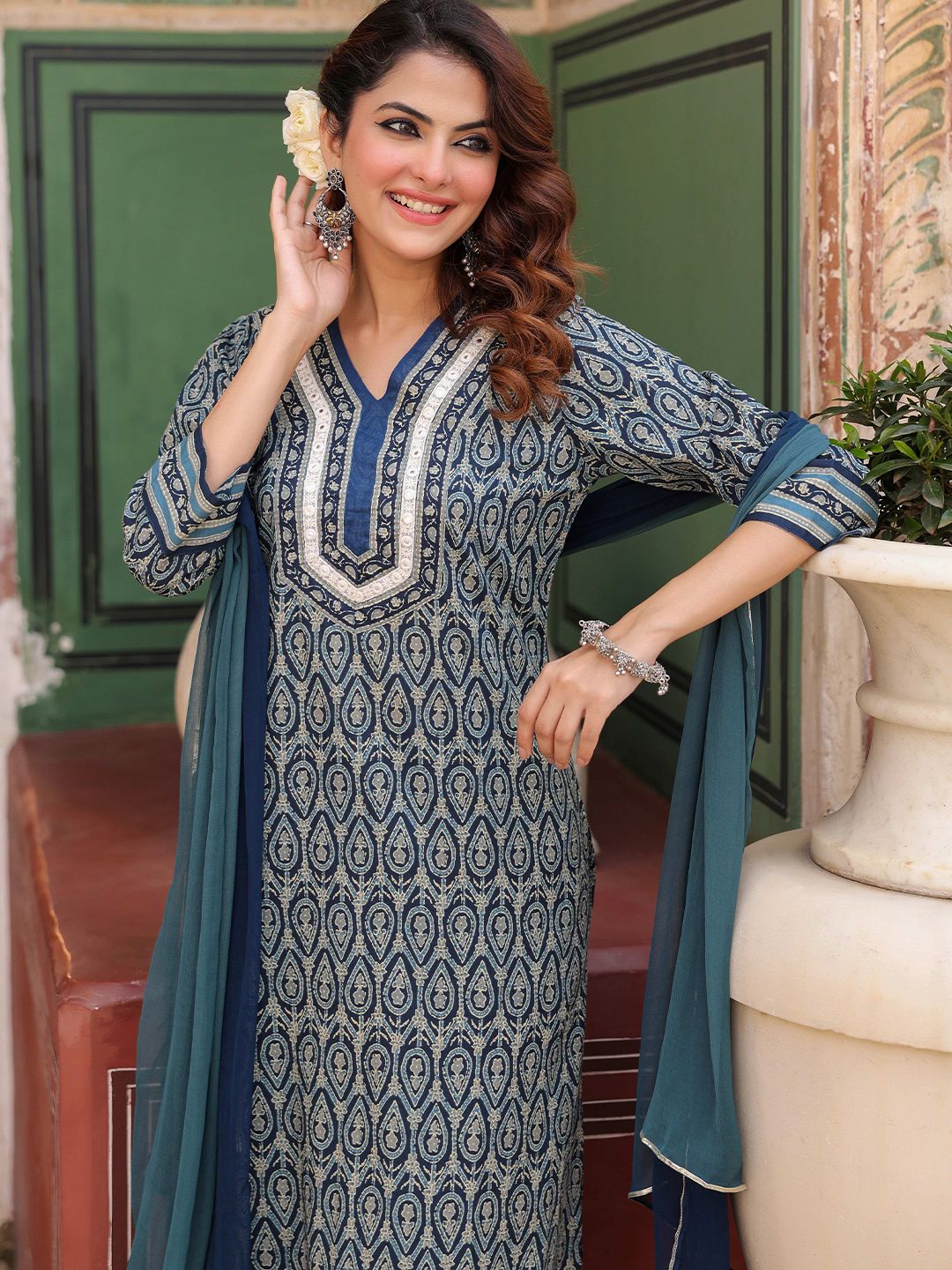 Dhiyona RR Women's Ethnic Motifs Printed Regular Pure Cotton Kurta with Trousers & With Dupatta