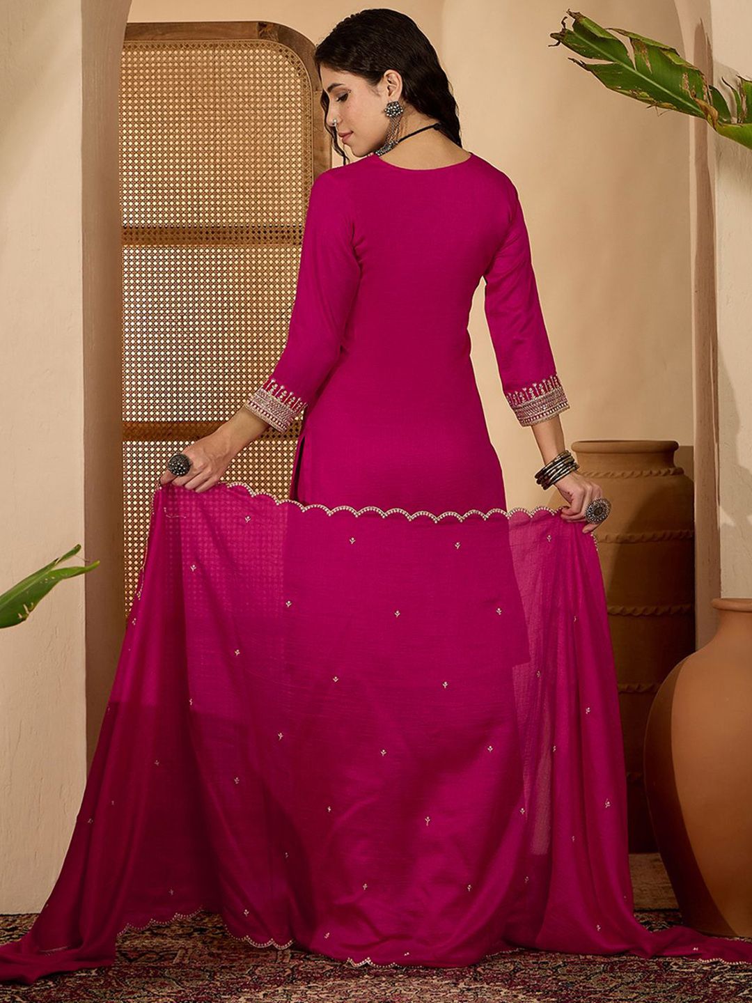Dhiyona SN Women Embroidered Round Neck Straight Kurta & Palazzos With Dupatta