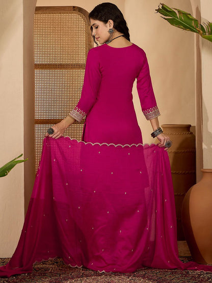 Dhiyona SN Women Embroidered Round Neck Straight Kurta & Palazzos With Dupatta