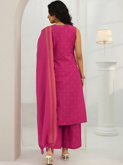 Geometric Printed Notch Neck Straight Kurta With Trousers & Dupatta