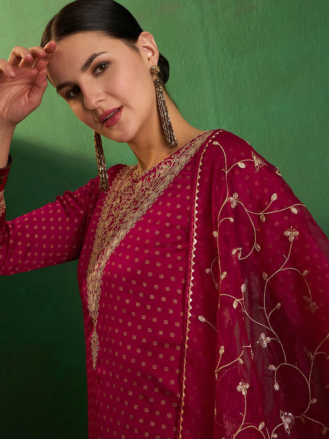 Dhiyona SN Bandhani Printed Round Neck Thread Work Satin Kurta With Palazzo & Dupatta