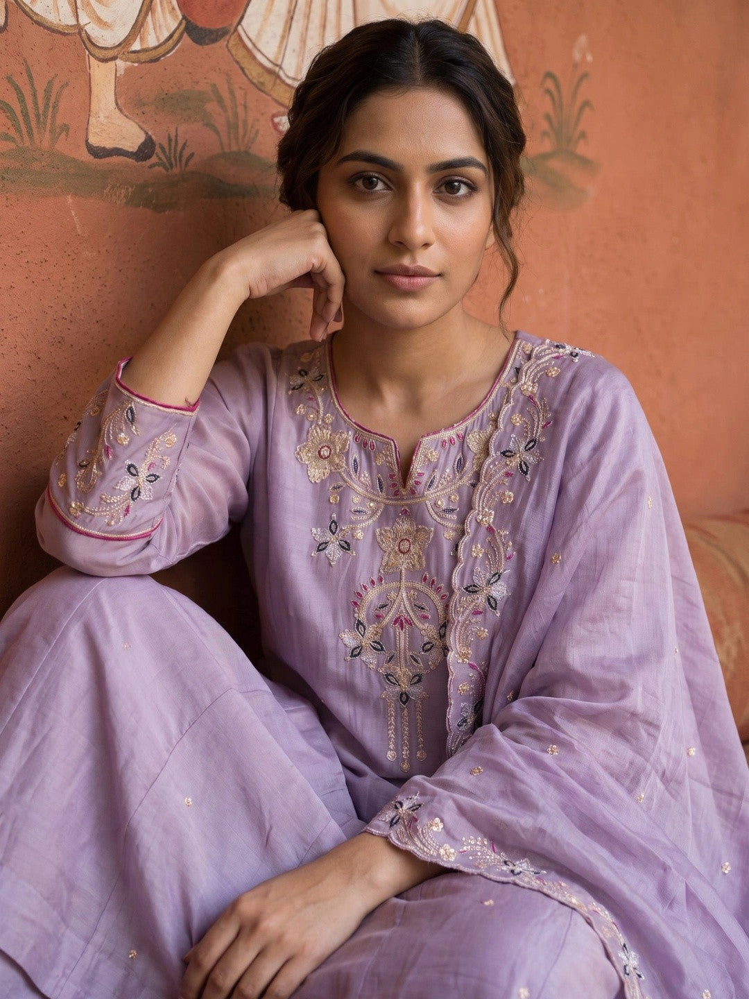 Women Ethnic Motifs Embroidered Regular Thread Work Kurta with Trousers & With Dupatta