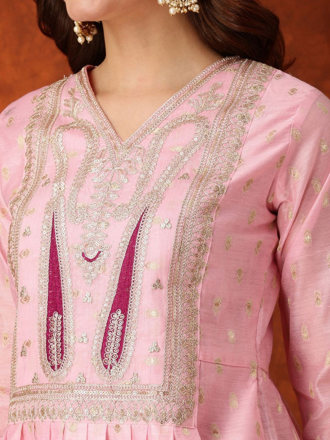 Paisley Embroidered Sequinned Chanderi Silk Kurti With Dhoti Pants & Dupatta