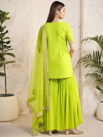 Dhiyona IN Women Ethnic Motifs Embroidered Regular Sequinned Kurta with Sharara & With Dupatta