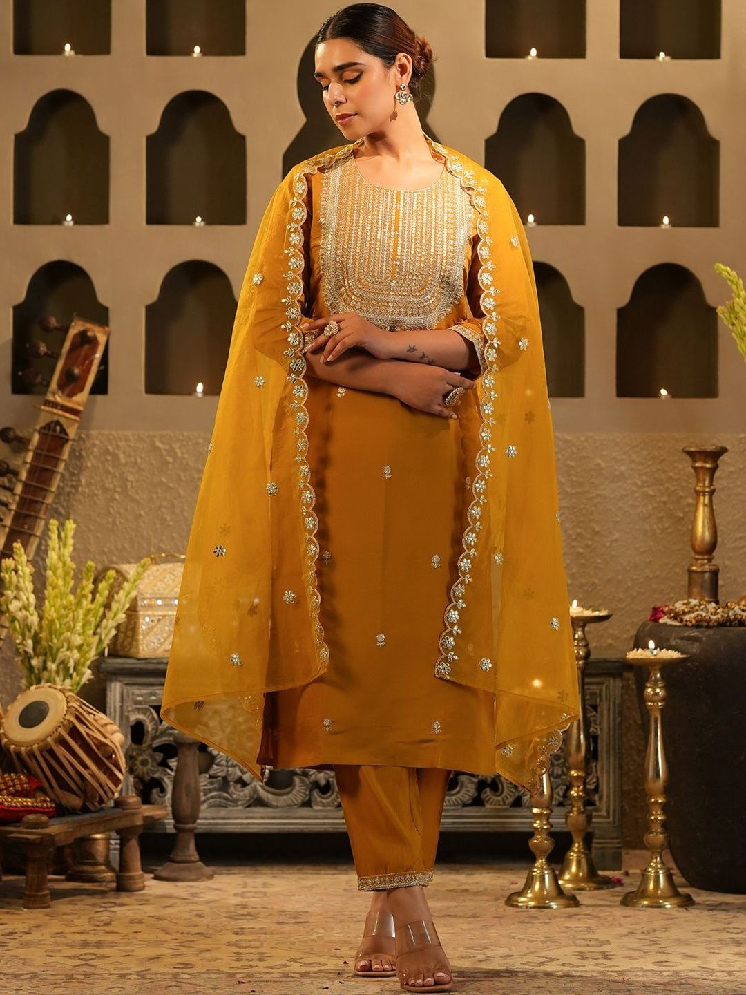 Dhiyona IE Women Ethnic Motifs Embroidered Regular Sequinned Kurta with Trousers & Dupatta