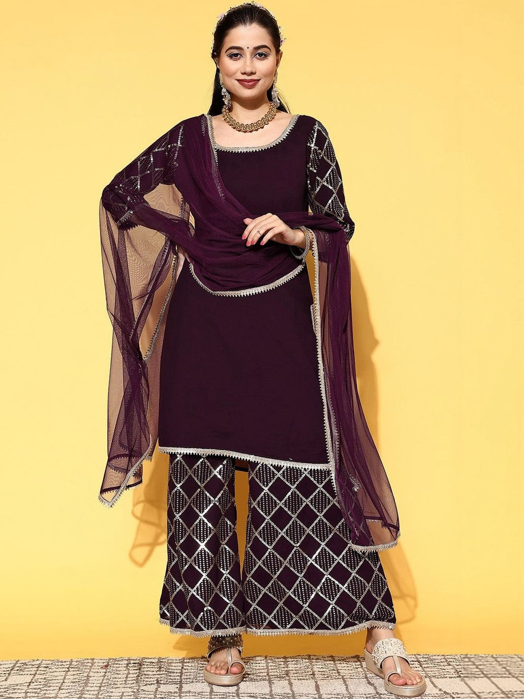 Women Geometric Sequinned Georgette Straight Kurta With Sharara & Dupatta