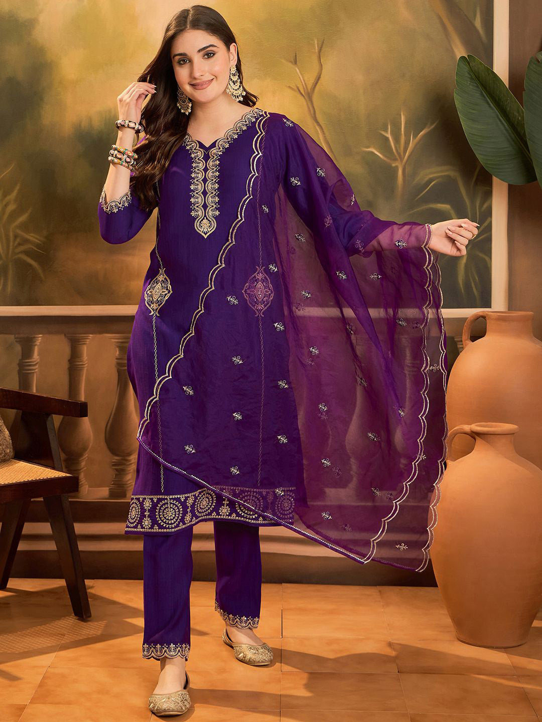 Ethnic Motifs Embroidered V-Neck Sequinned Straight Kurta With Trousers & Dupatta