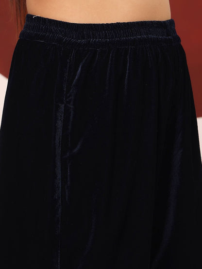 Navy Blue Women Regular Gotta Patti Velvet Kurta with Trousers