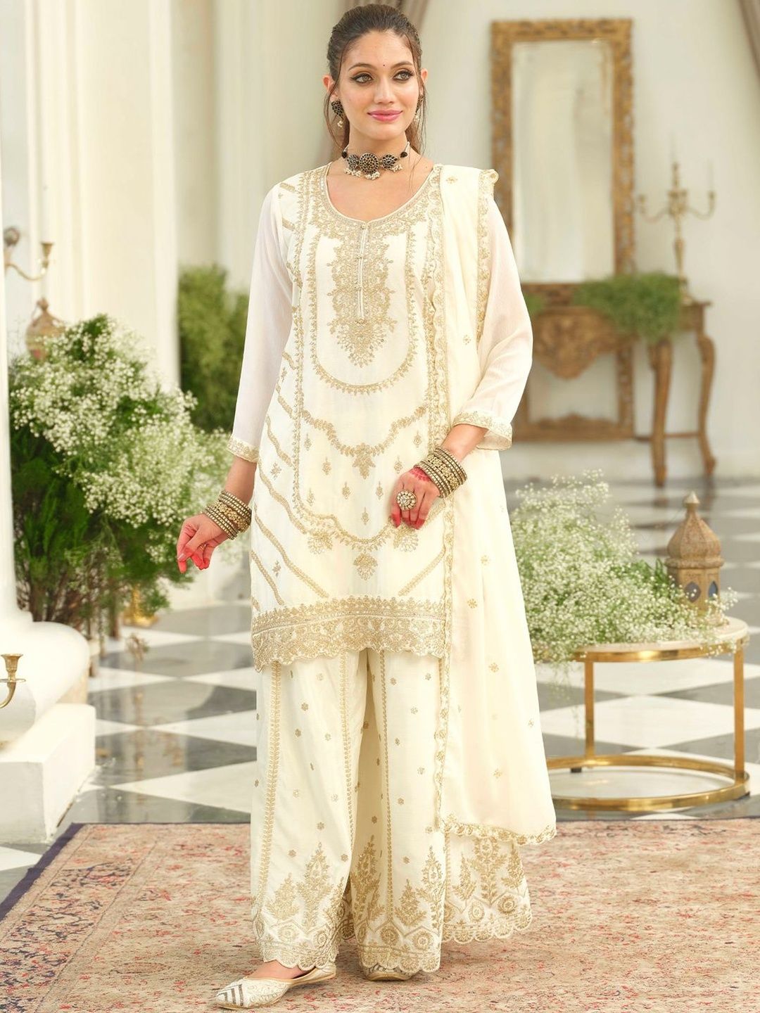 Dhiyona IE Floral Embroidered Thread Work Kurta With Palazzos & Dupatta