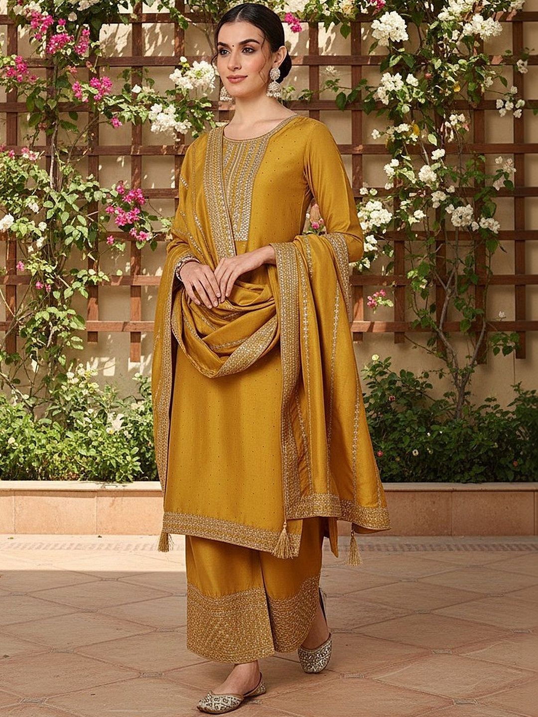 Dhiyona KL Women Ethnic Motifs Embroidered Regular Thread Work Kurta with Palazzos & With Dupatta