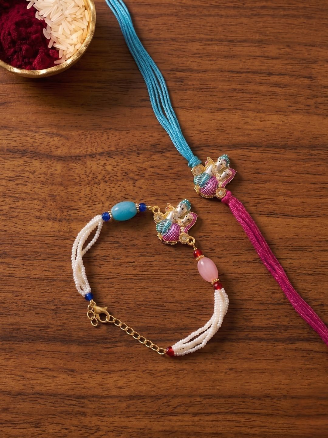 Dhiyona Set Of 2 Artificial Beads Radha Krishna Bhaiya Bhabhi Rakhi With Roli Chawal Chandan