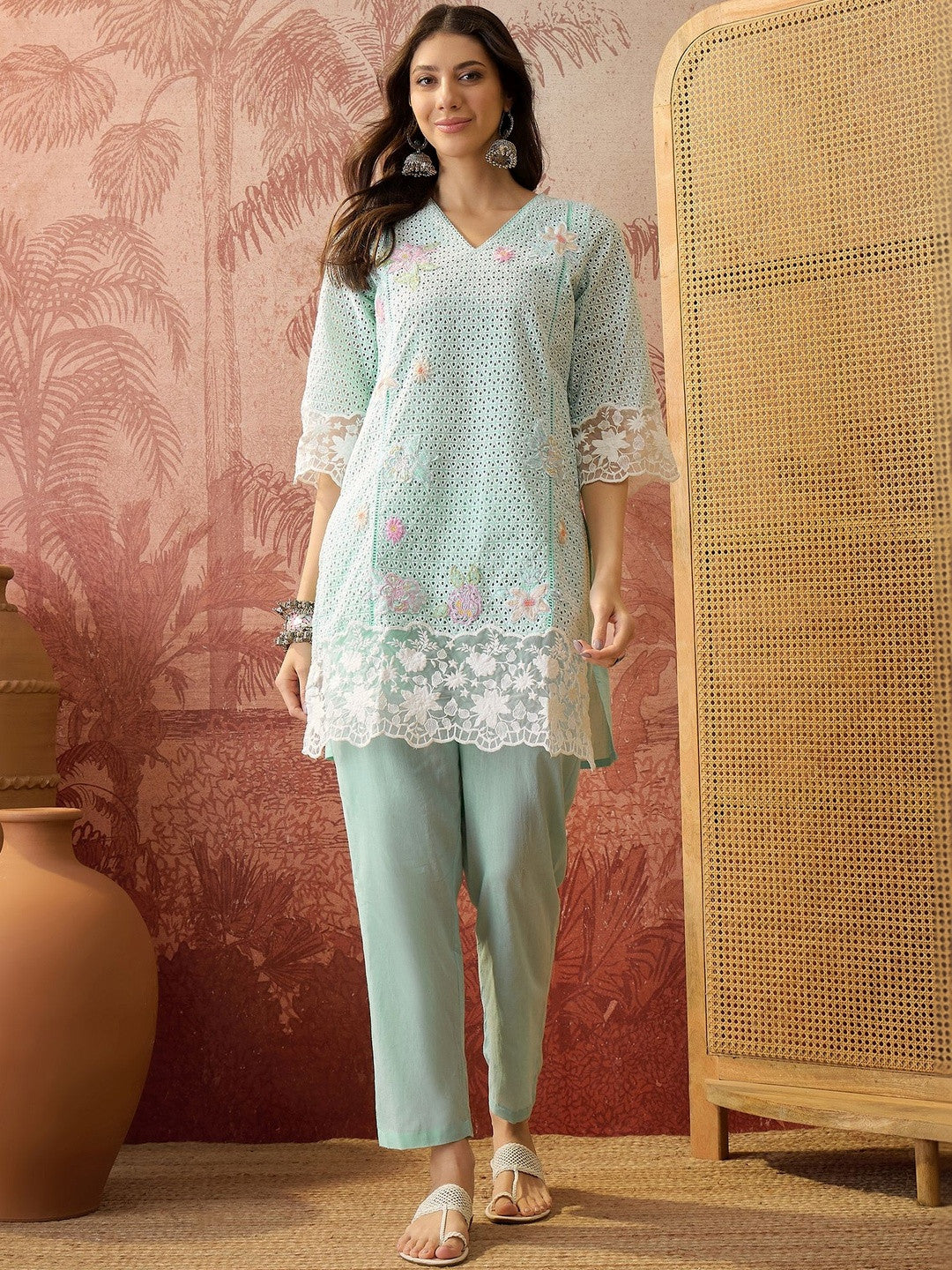 Embroidered Pure Cotton V-Neck Kurta & Trousers Kurta Set