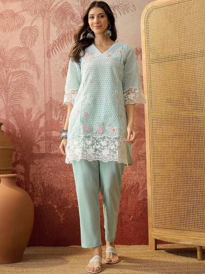 Embroidered Pure Cotton V-Neck Kurta & Trousers Kurta Set