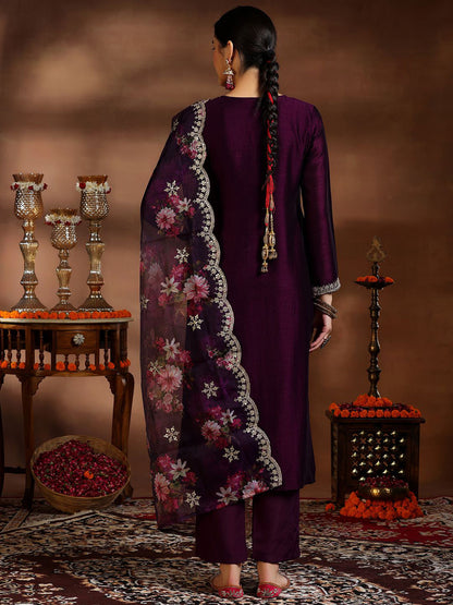 Ethnic Motifs Embroidered V-Neck Straight Thread Work Kurta With Trousers & Dupatta