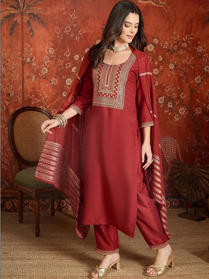 Women Ethnic Motifs Embroidered Regular Thread Work Kurta with Trousers & With Dupatta