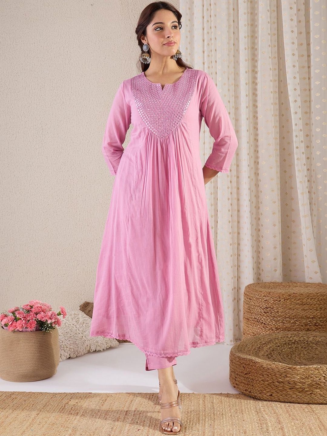 Women Pleated Mirror Work Pure Cotton Kurta with Trousers & With Dupatta