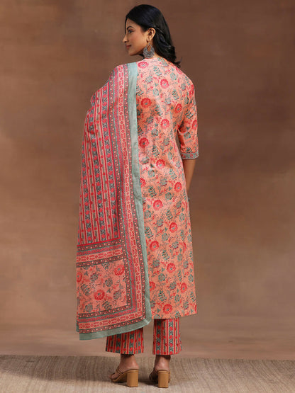 Women's LB Peach Printed Cotton A-line Kurta With Trousers & Dupatta