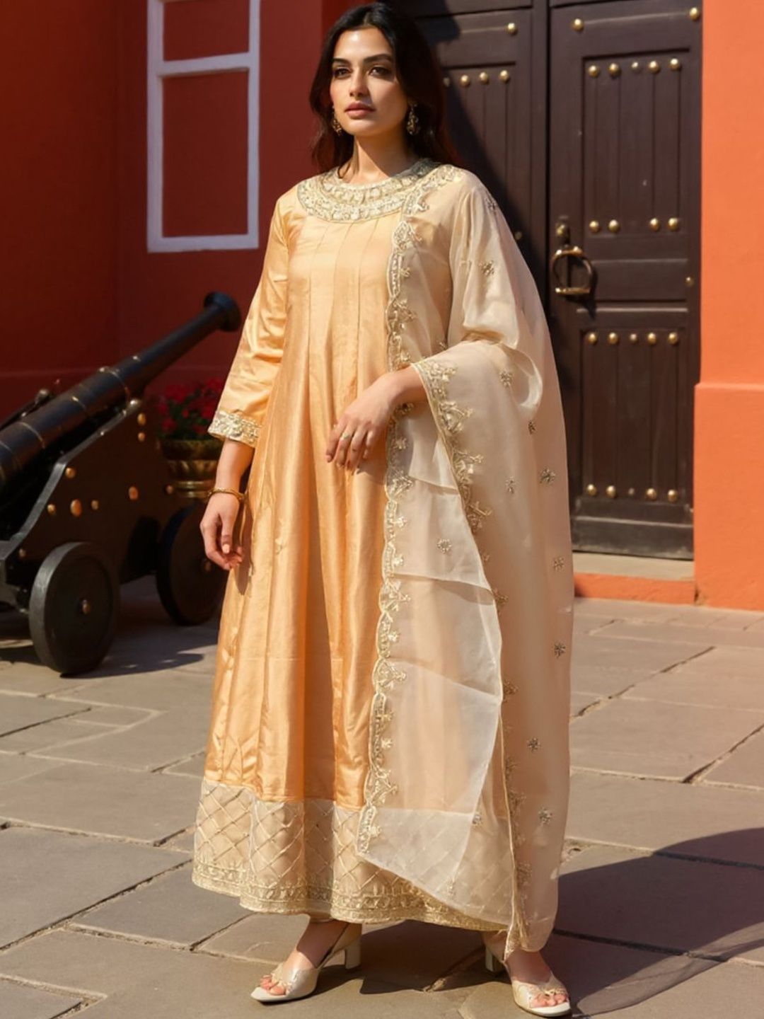 Dhiyona IE Women Ethnic Motifs Embroidered Kurta with Palazzos & With Dupatta