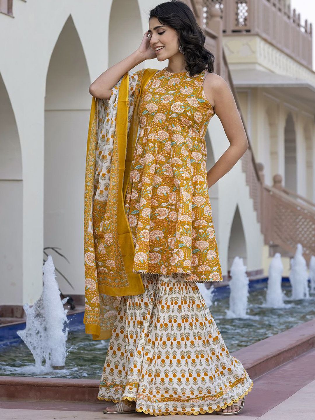 Dhiyona KL Floral Printed Pure Cotton Anarkali Kurta With Trouser & Dupatta