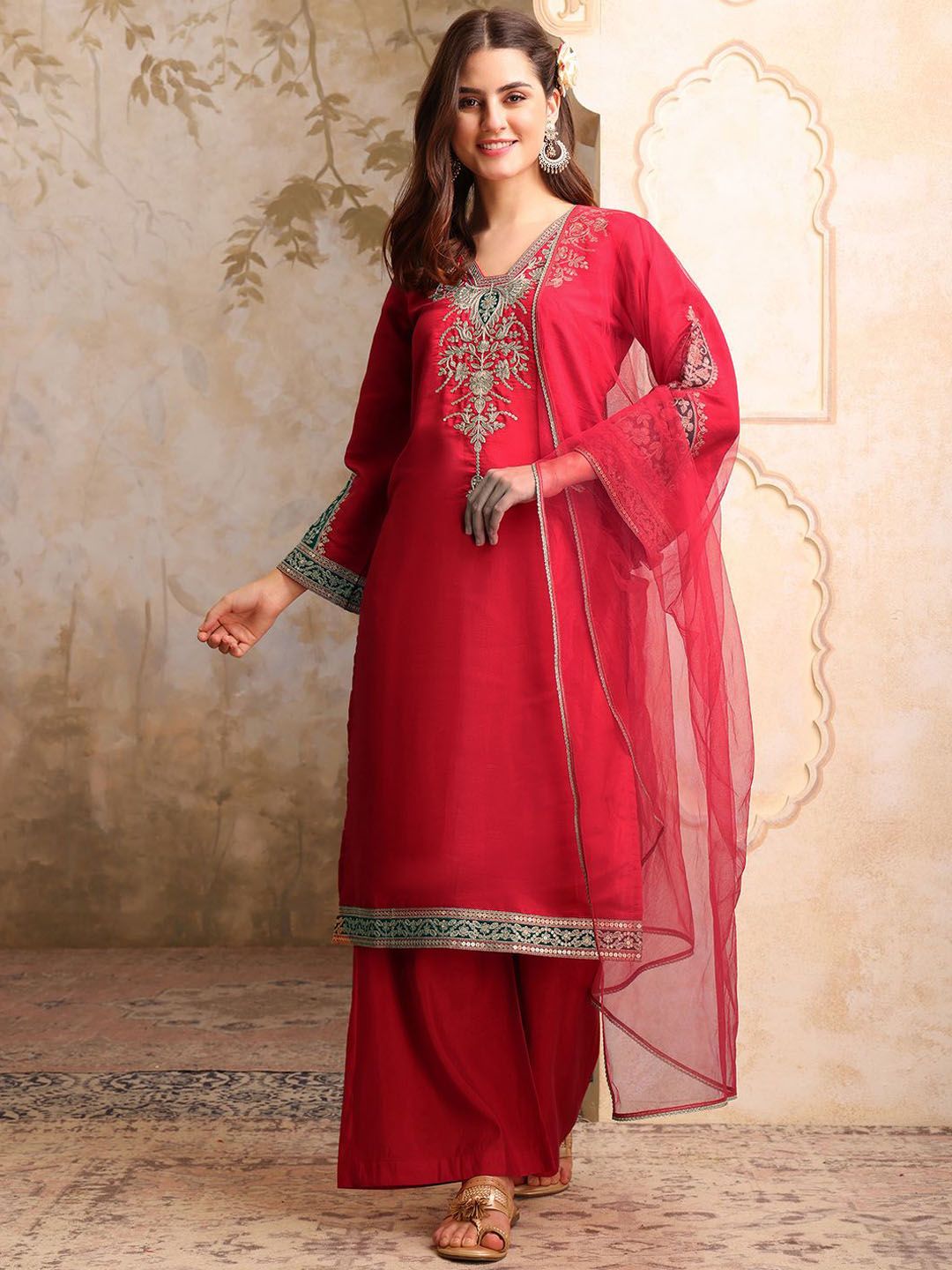 Dhiyona IN Floral Embroidered V Neck Sequinned Straight Kurta With Palazzos & Dupatta