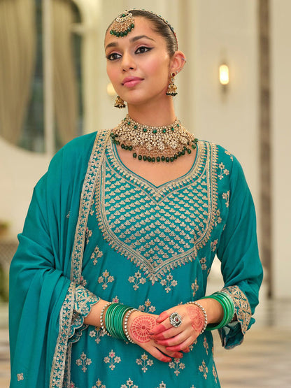 Dhiyona IE Women Ethnic Motifs Embroidered Kurta with Sharara & Dupatta
