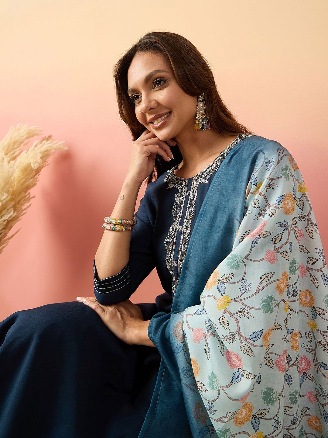 Dhiyona SN Women Embroidered Straight Kurta With Palazzos & Dupatta