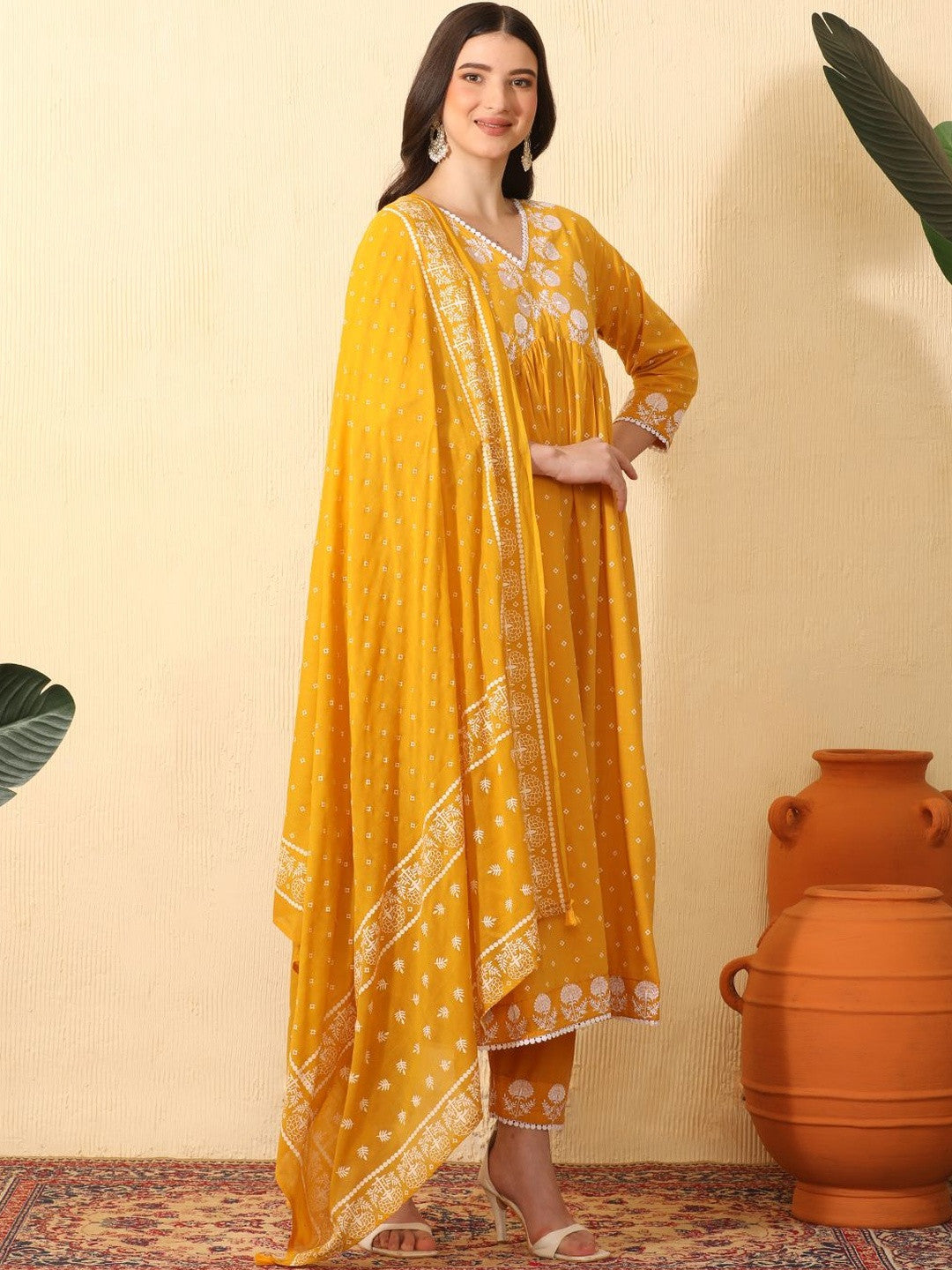 Women Ethnic Motifs Printed Empire Thread Work Pure Cotton Kurta with Trousers & With Dupatta