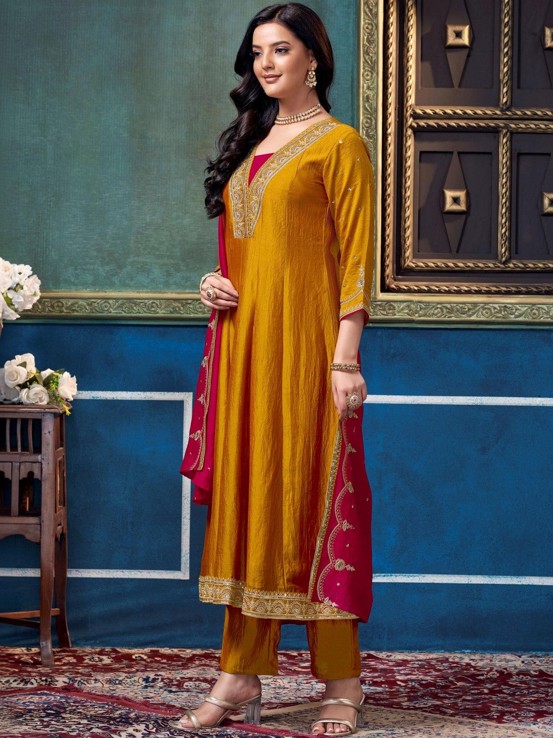 Embroidered V-Neck Kurta & Trousers With Dupatta