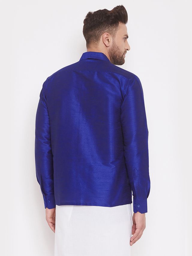 Men's Blue Silk Blend Straight Shirt And Mundu