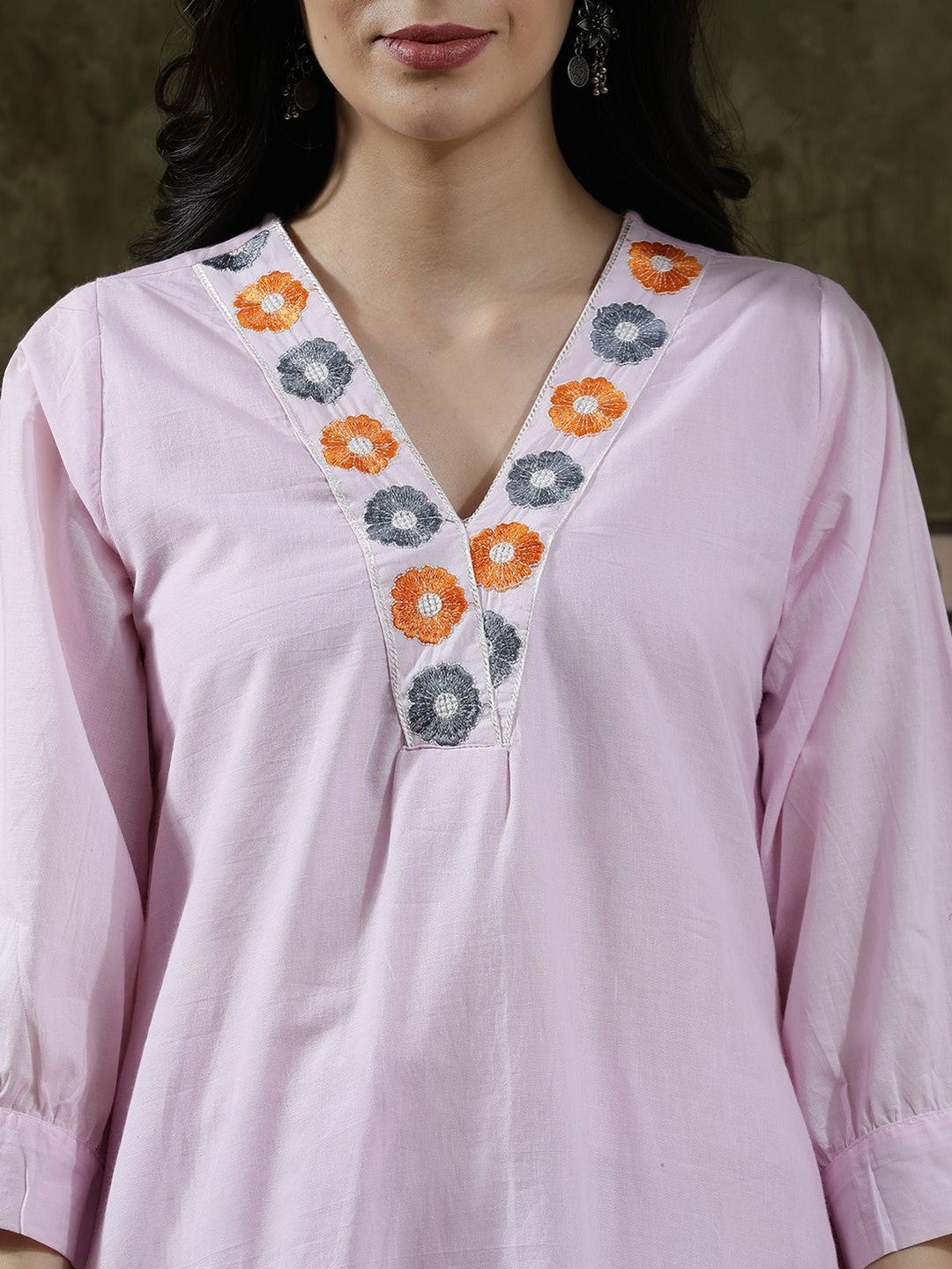Embroidered Pure Cotton V-Neck Kurta & Trousers Kurta Sets