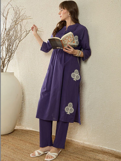 Women Ethnic Motifs Embroidered Panelled Thread Work Pure Cotton Kurta with Trousers