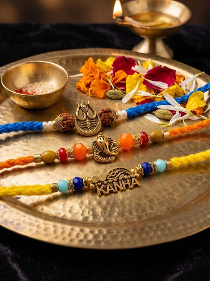 Dhiyona Set Of 3 Rudraksh Religious Rakhi Thread Rakhi Roli Chawal Chandan Mishri
