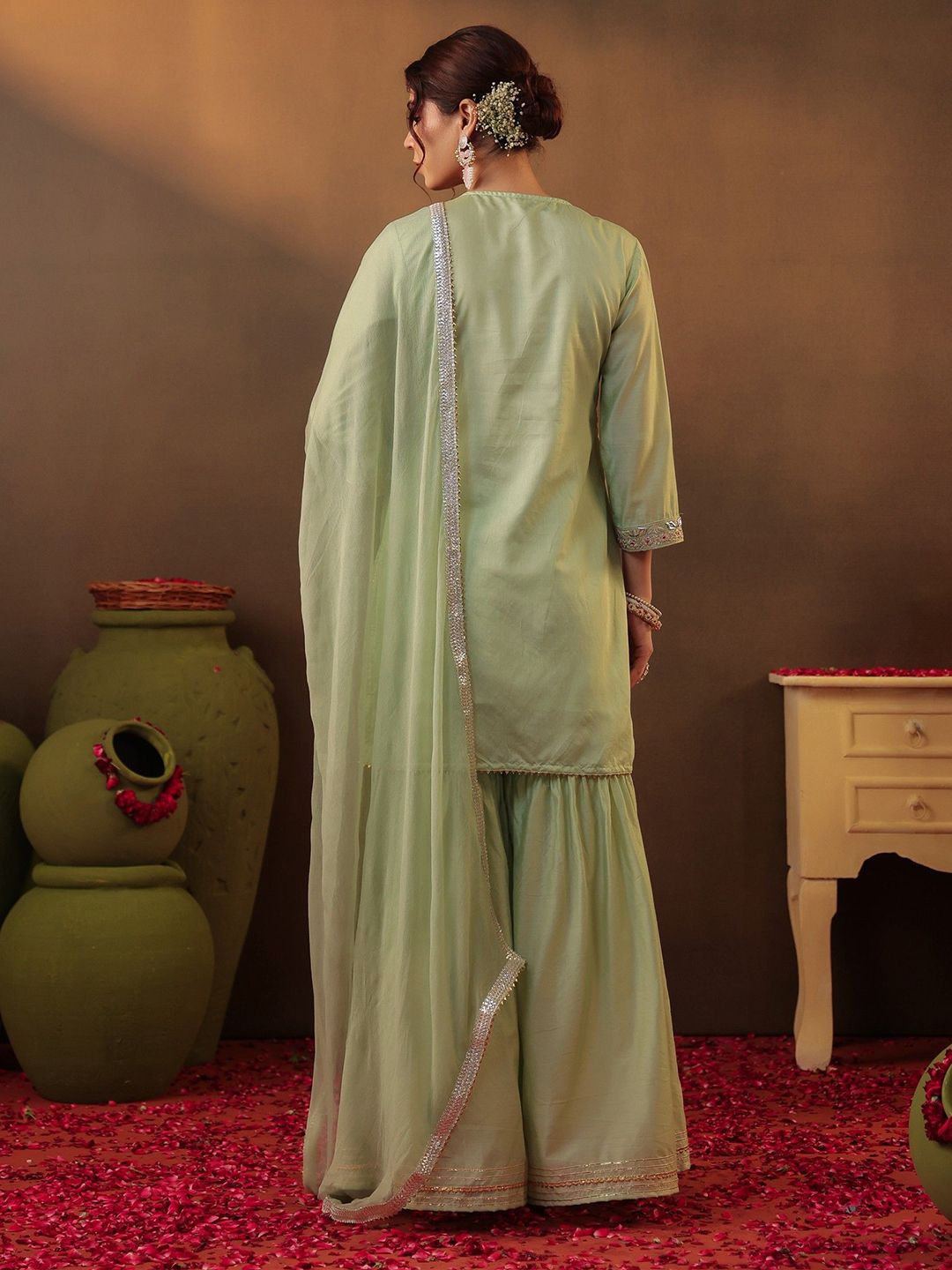 Dhiyona SC Floral Embroidered Gotta Patti Straight Kurta with Sharara & Dupatta