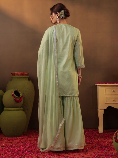 Dhiyona SC Floral Embroidered Gotta Patti Straight Kurta with Sharara & Dupatta