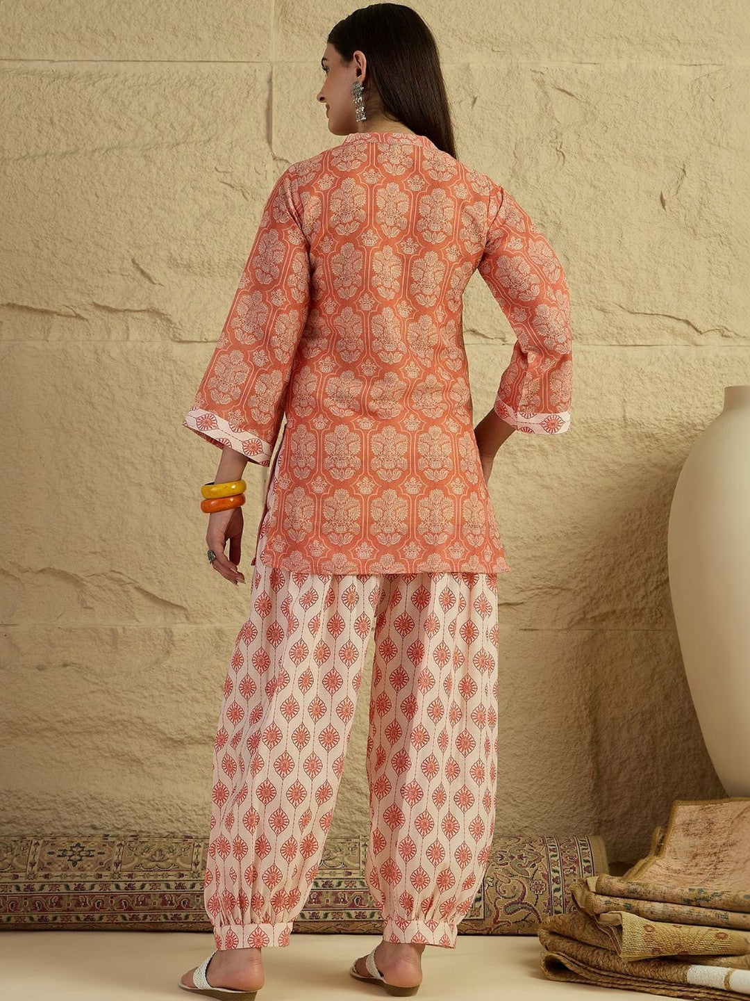 Women Linen Floral Print Straight Short Kurti With Farshi Salwar Set