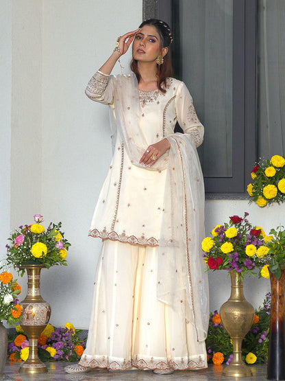 Dhiyona CH Georgette Embroidered Kurta Set With Sharara & Dupatta
