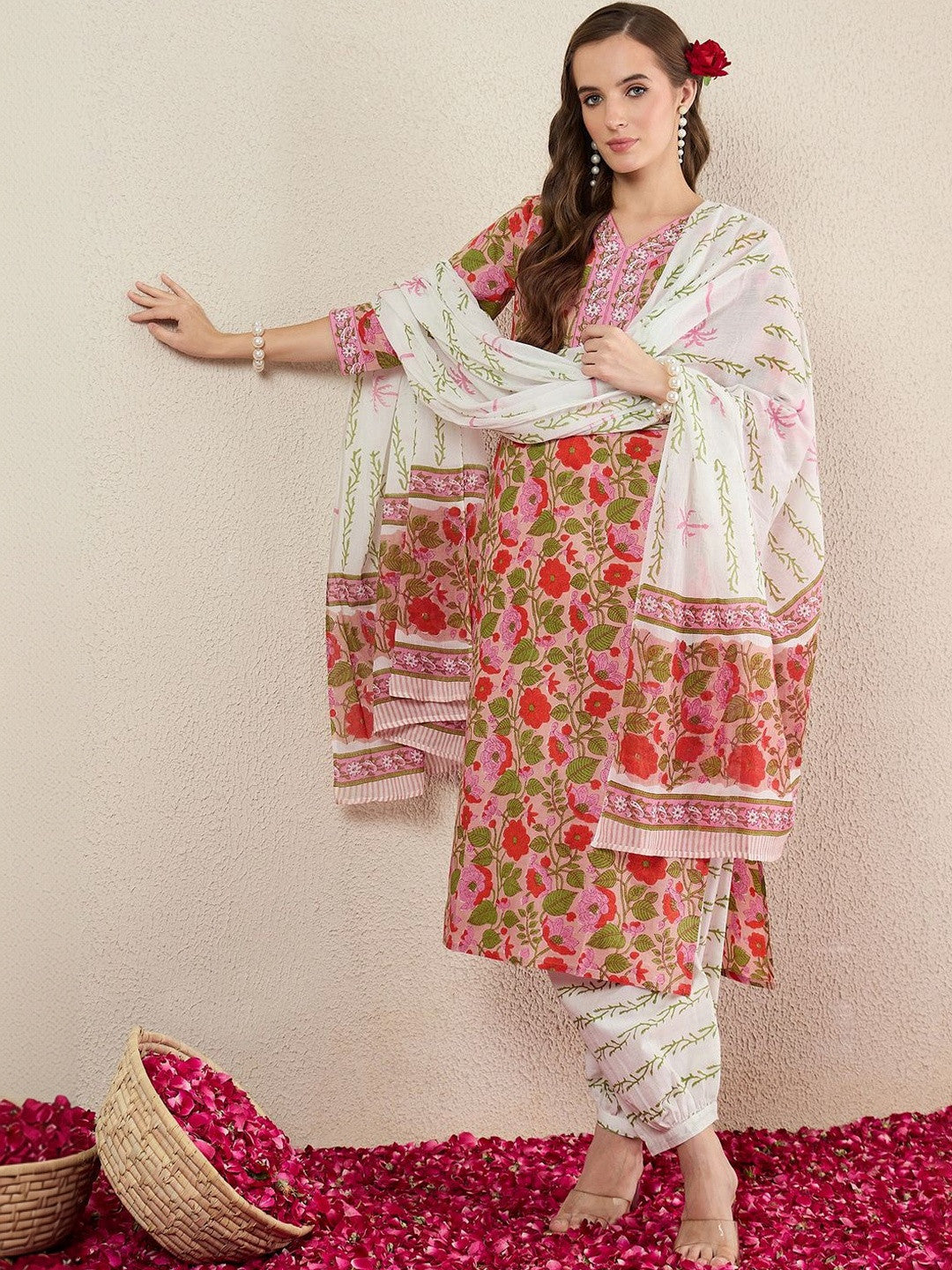 Women Floral Printed Regular Pure Cotton Kurta with Salwar & With Dupatta