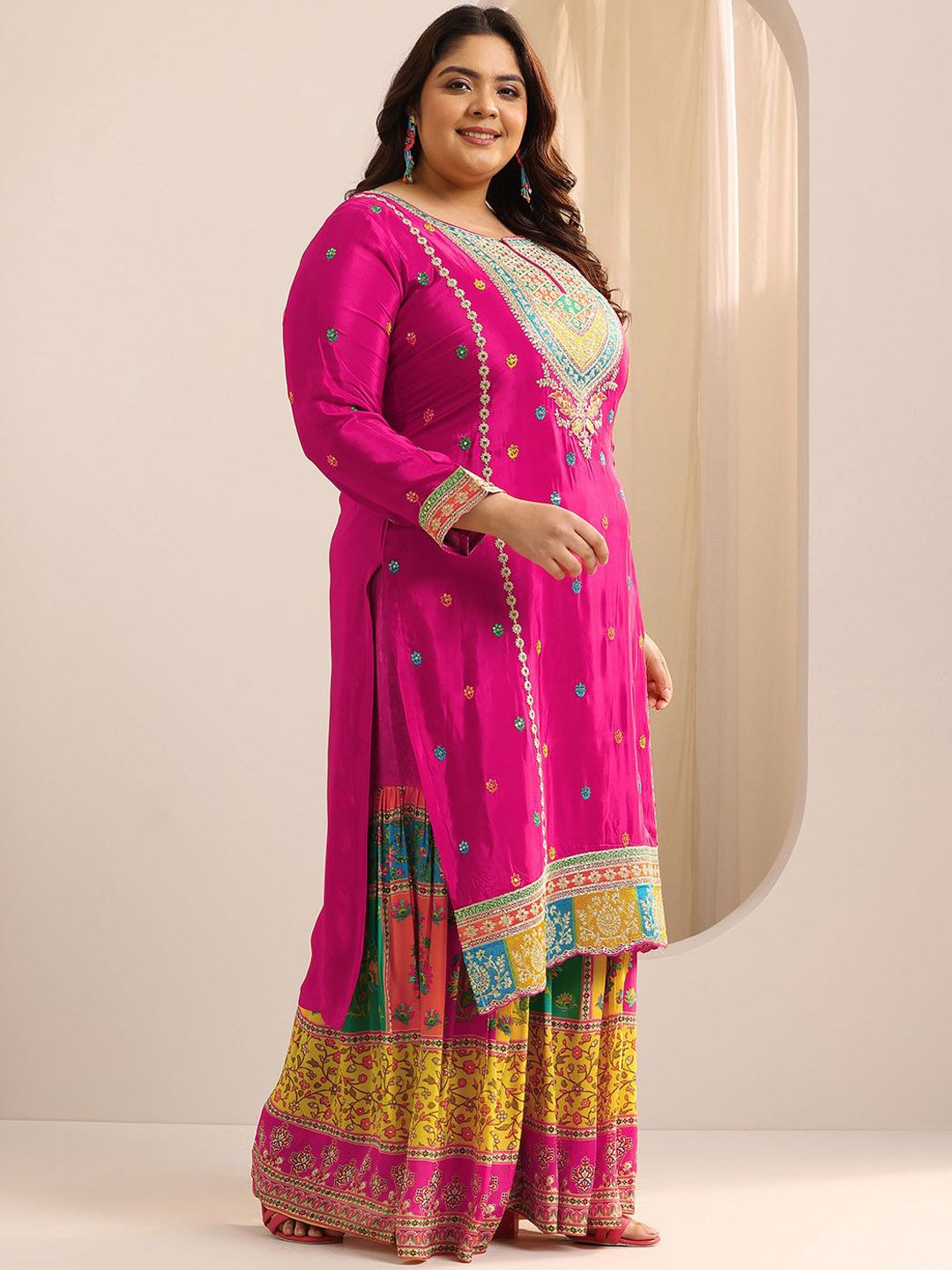 Dhiyona Women's Plus Size Ethnic Motifs Embroidered Kurta with Sharara & Dupatta