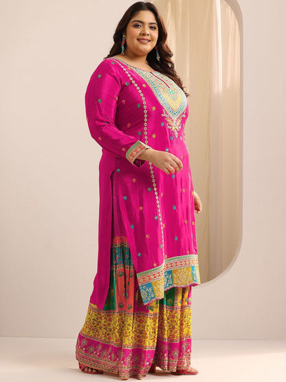 Dhiyona Women's Plus Size Ethnic Motifs Embroidered Kurta with Sharara & Dupatta