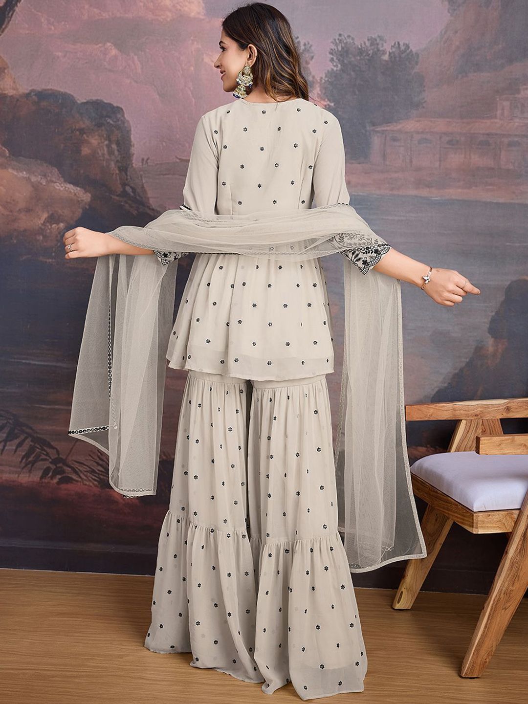 Dhiyona HOP Floral Embroidered Sequinned Georgette Kurta with Sharara & Dupatta