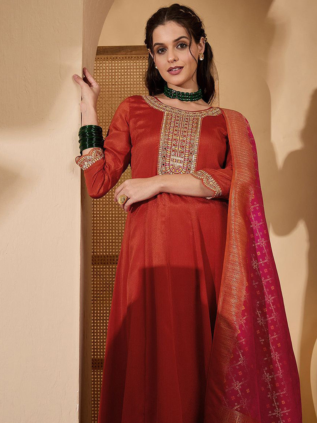 Floral Yoke Design Panelled Zari Anarkali Kurta With Trouser And Dupatta