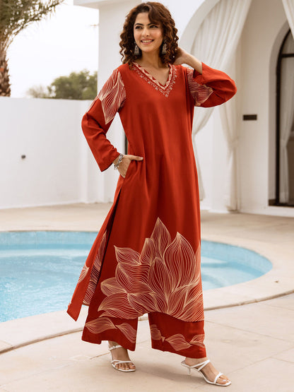 Printed With Embroidered Ethnic Kurta With Palazzos Set